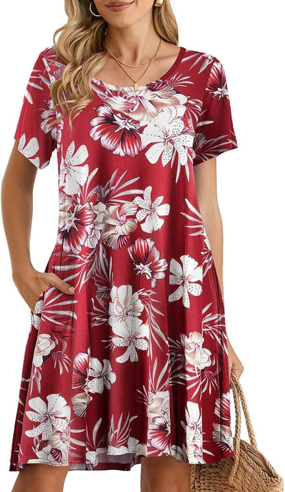 Womens Summer Casual T Shirt Dress Loose Swing Tunic Dress Short Sleeve Sundress with Pockets