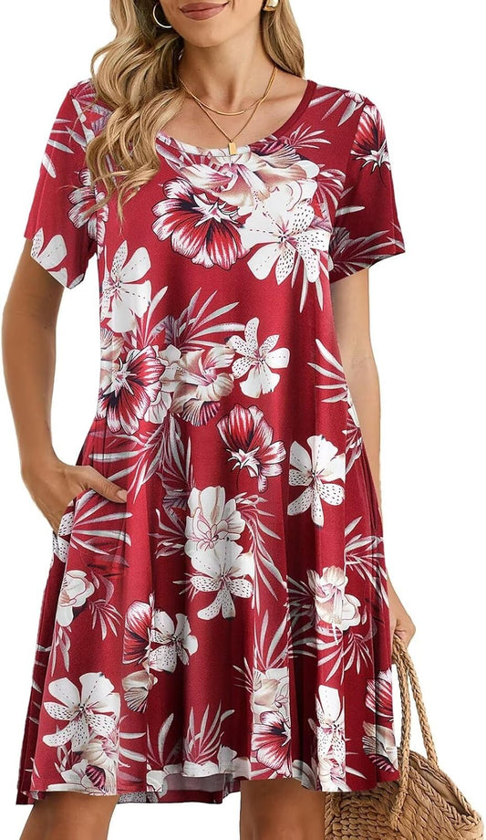 Womens Summer Casual T Shirt Dress Loose Swing Tunic Dress Short Sleeve Sundress with Pockets