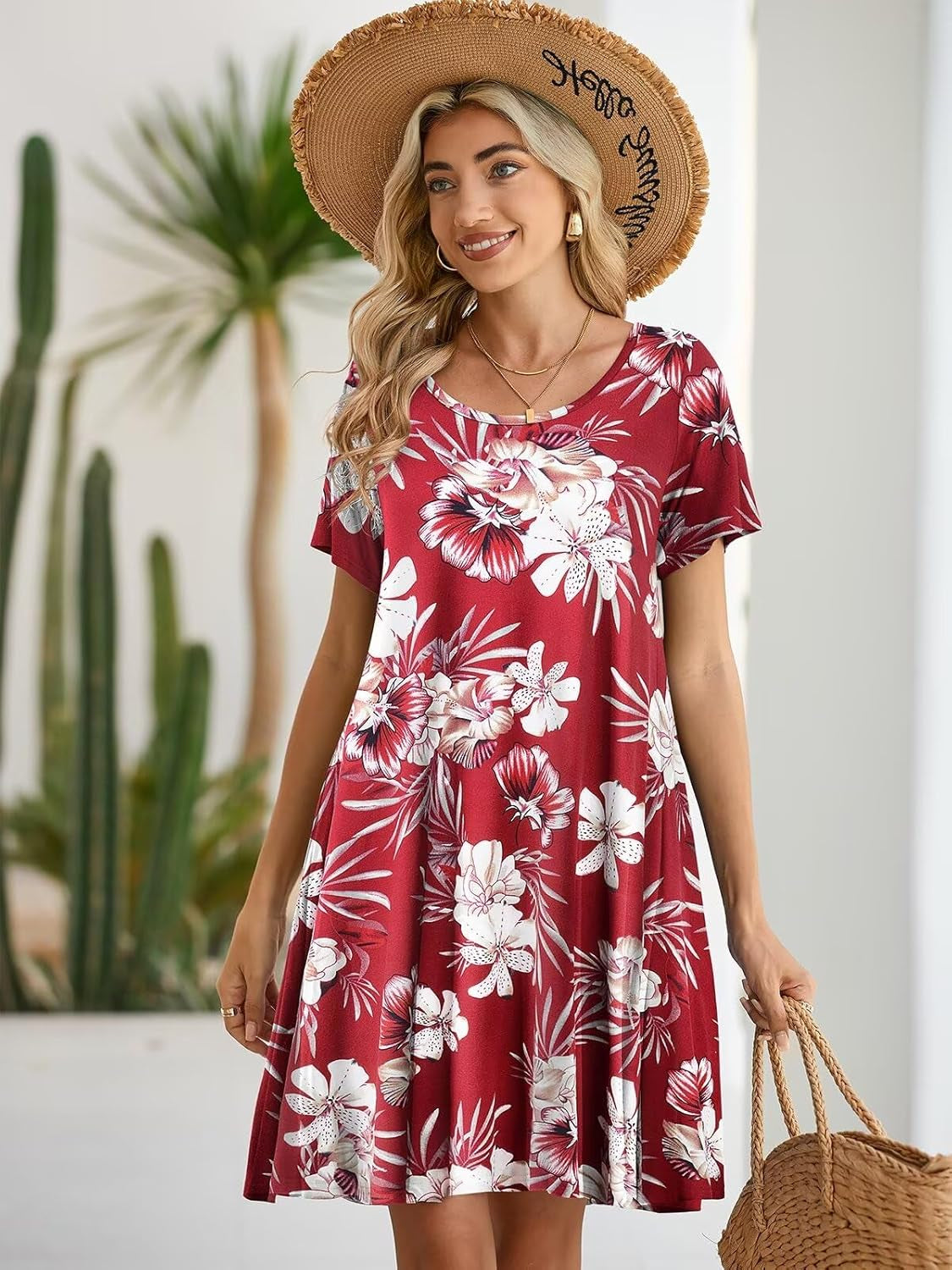 Womens Summer Casual T Shirt Dress Loose Swing Tunic Dress Short Sleeve Sundress with Pockets