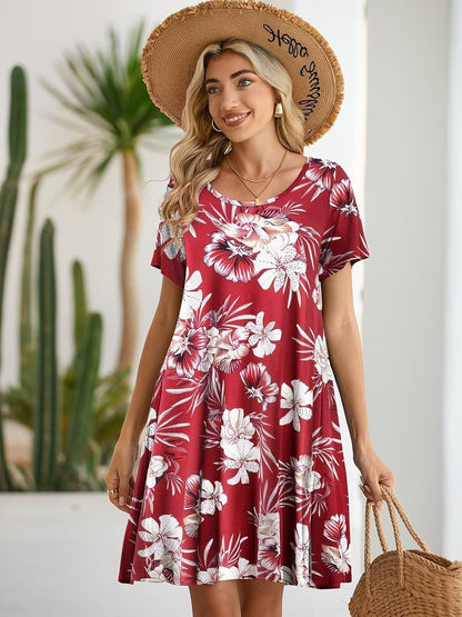 Womens Summer Casual T Shirt Dress Loose Swing Tunic Dress Short Sleeve Sundress with Pockets