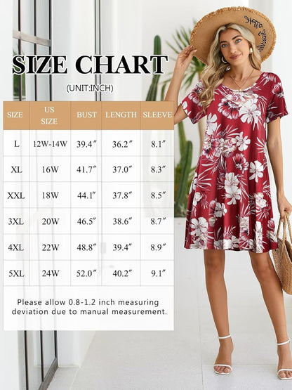 Womens Summer Casual T Shirt Dress Loose Swing Tunic Dress Short Sleeve Sundress with Pockets