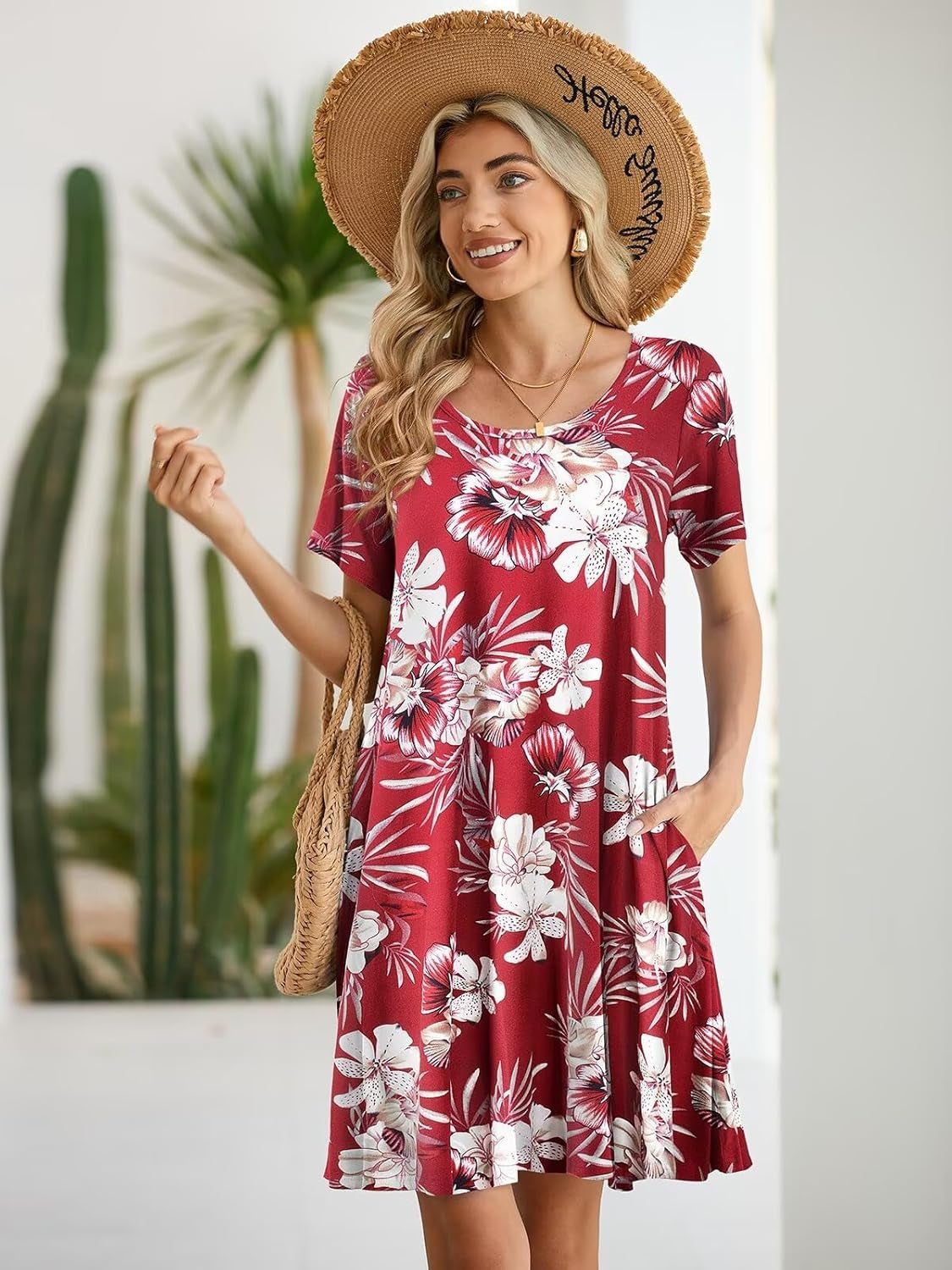 Womens Summer Casual T Shirt Dress Loose Swing Tunic Dress Short Sleeve Sundress with Pockets