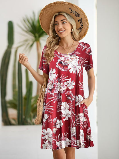 Womens Summer Casual T Shirt Dress Loose Swing Tunic Dress Short Sleeve Sundress with Pockets